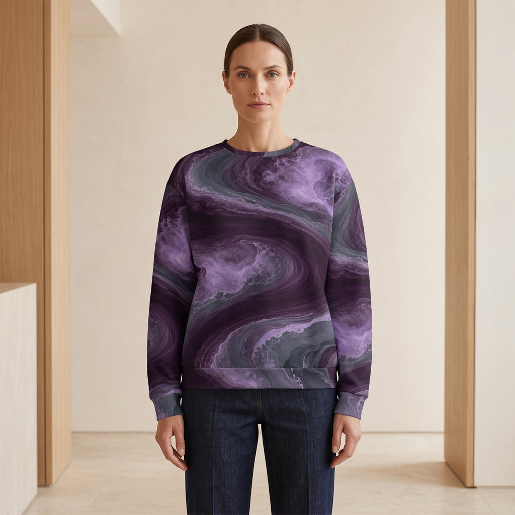 Model wearing the Amethyst Vortex all-over print sweatshirt