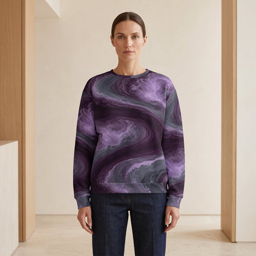Model wearing the Amethyst Vortex all-over print sweatshirt