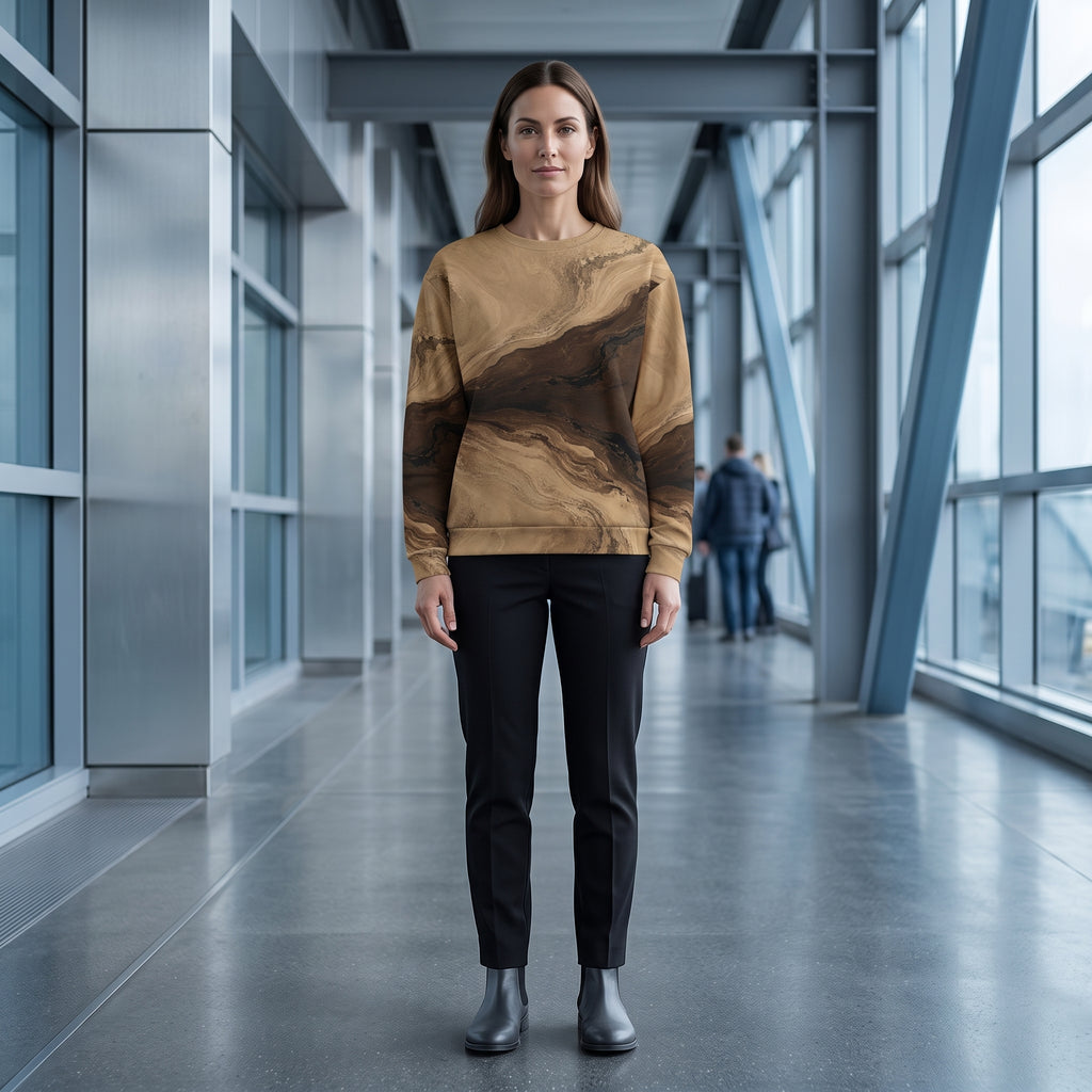 Model wearing the Terra Strata sweatshirt, beige and brown print