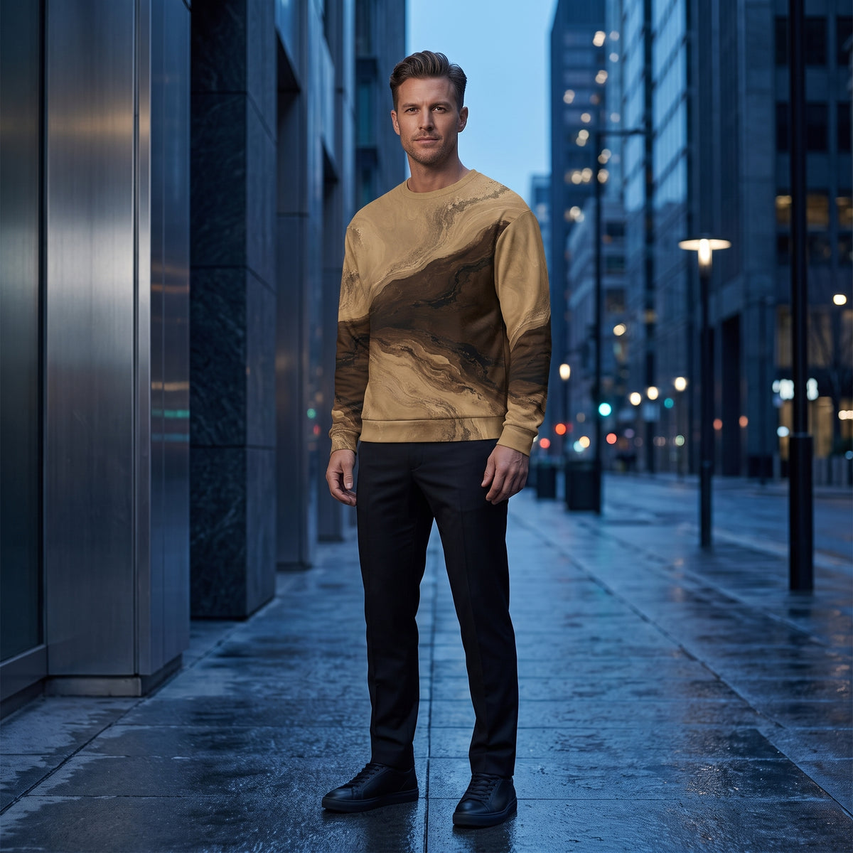 Model wearing the Terra Strata sweatshirt – beige, chocolate brown and charcoal marble print