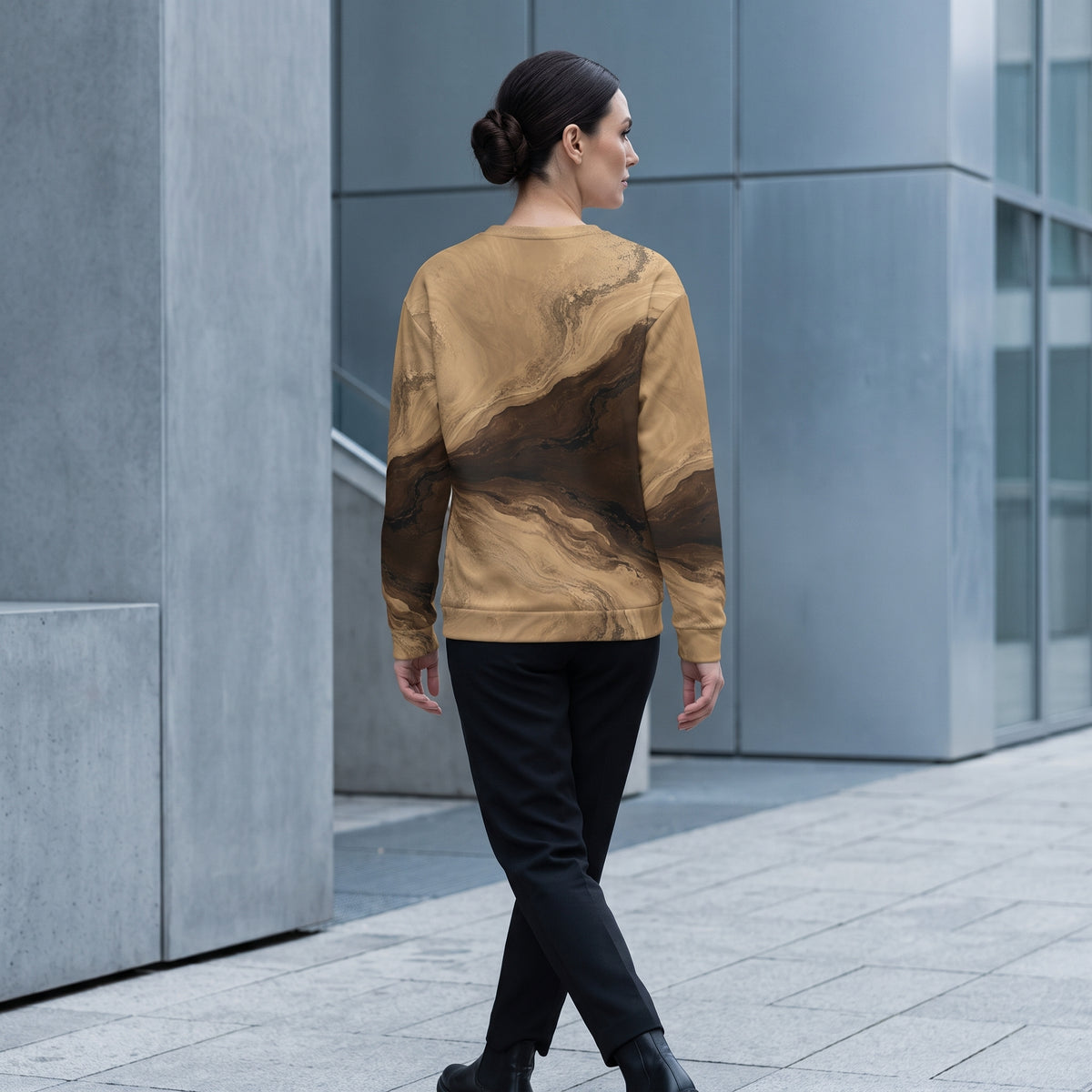 Model wearing the Terra Strata sweatshirt – beige, chocolate brown and charcoal marble print