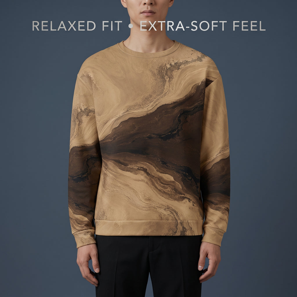 Model wearing the Terra Strata sweatshirt, beige and brown print