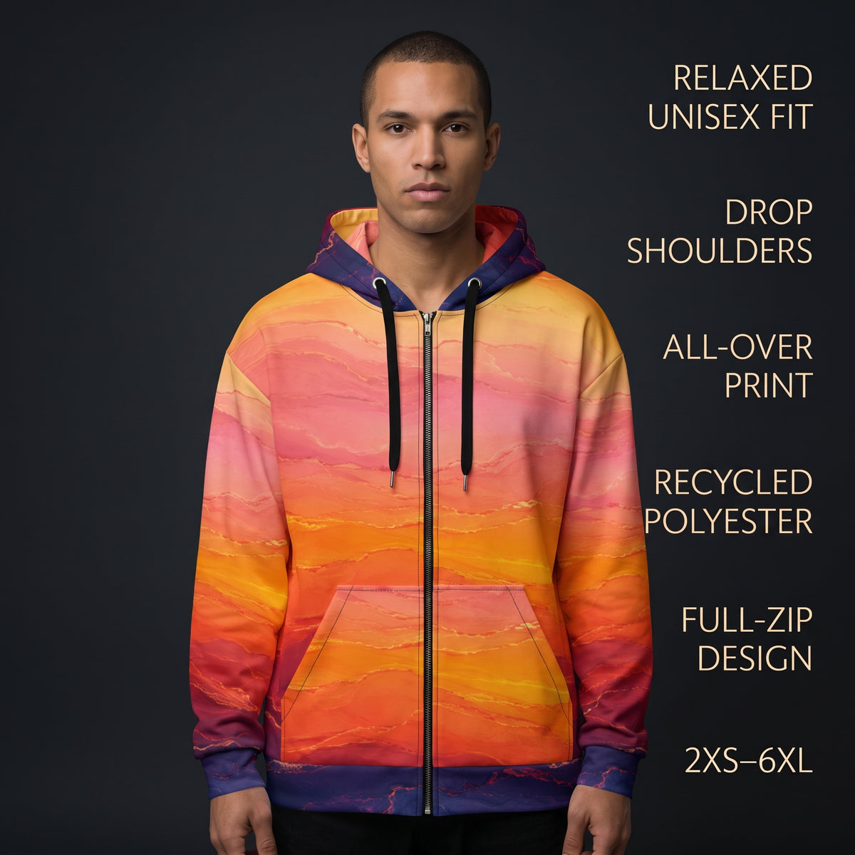 Model wearing the Solar Horizon zip hoodie – golden, orange and violet sunset gradient print