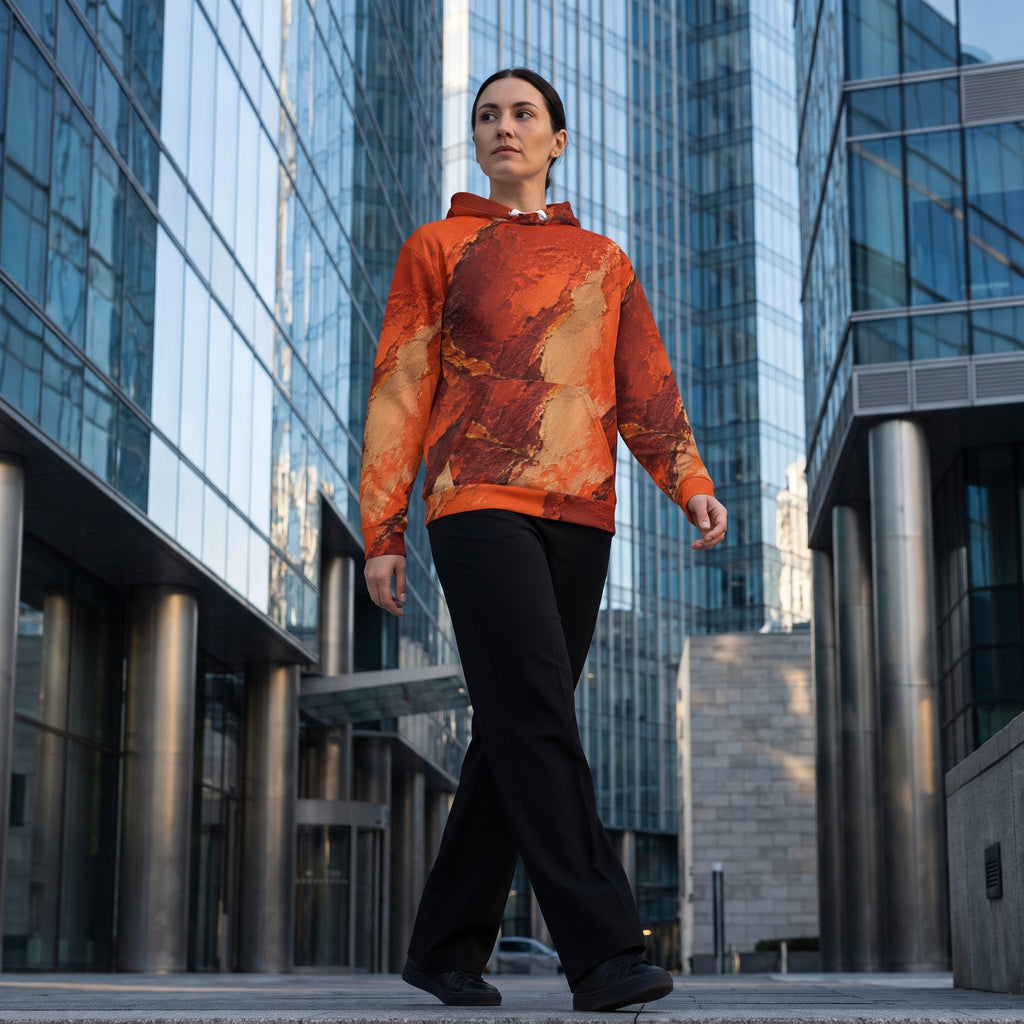 Model wearing the Ember Terrain hoodie – burnt orange, rust and brown earth-tone print