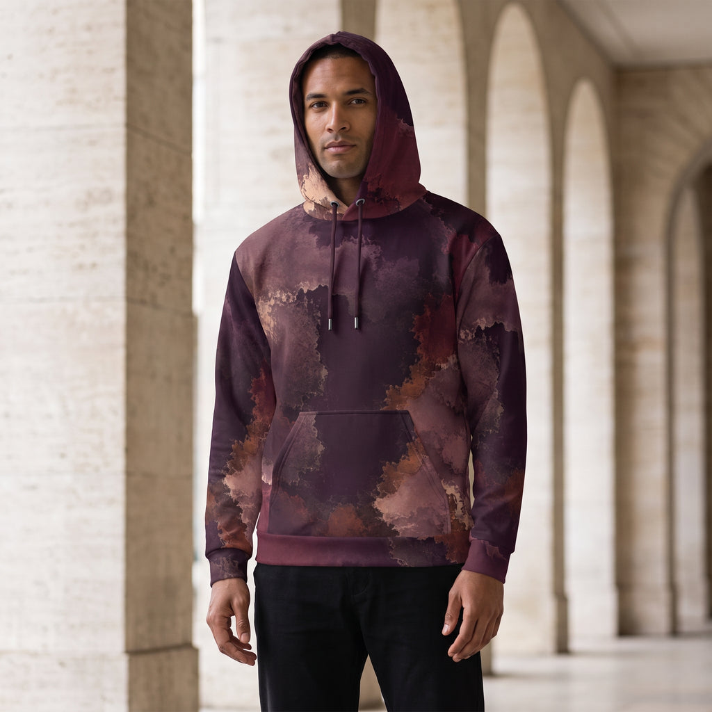 Model wearing the Ember Eclipse hoodie – burgundy, plum and copper abstract print