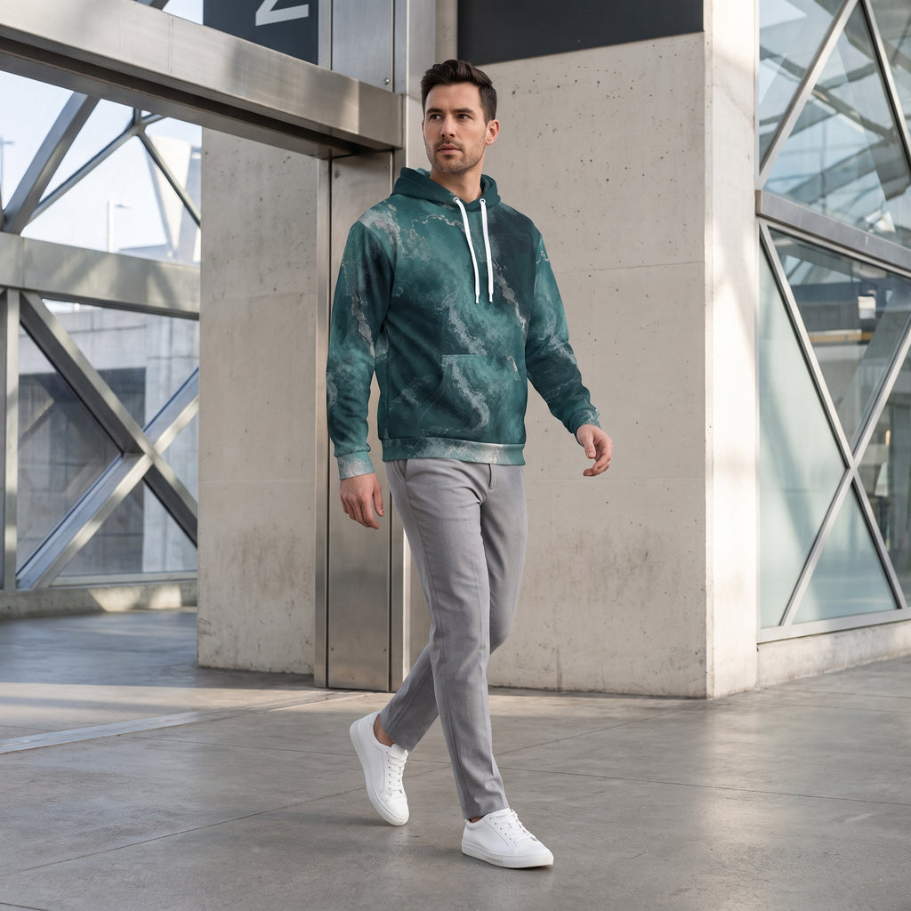 Model wearing the Abyssal Current hoodie in a streetwear look