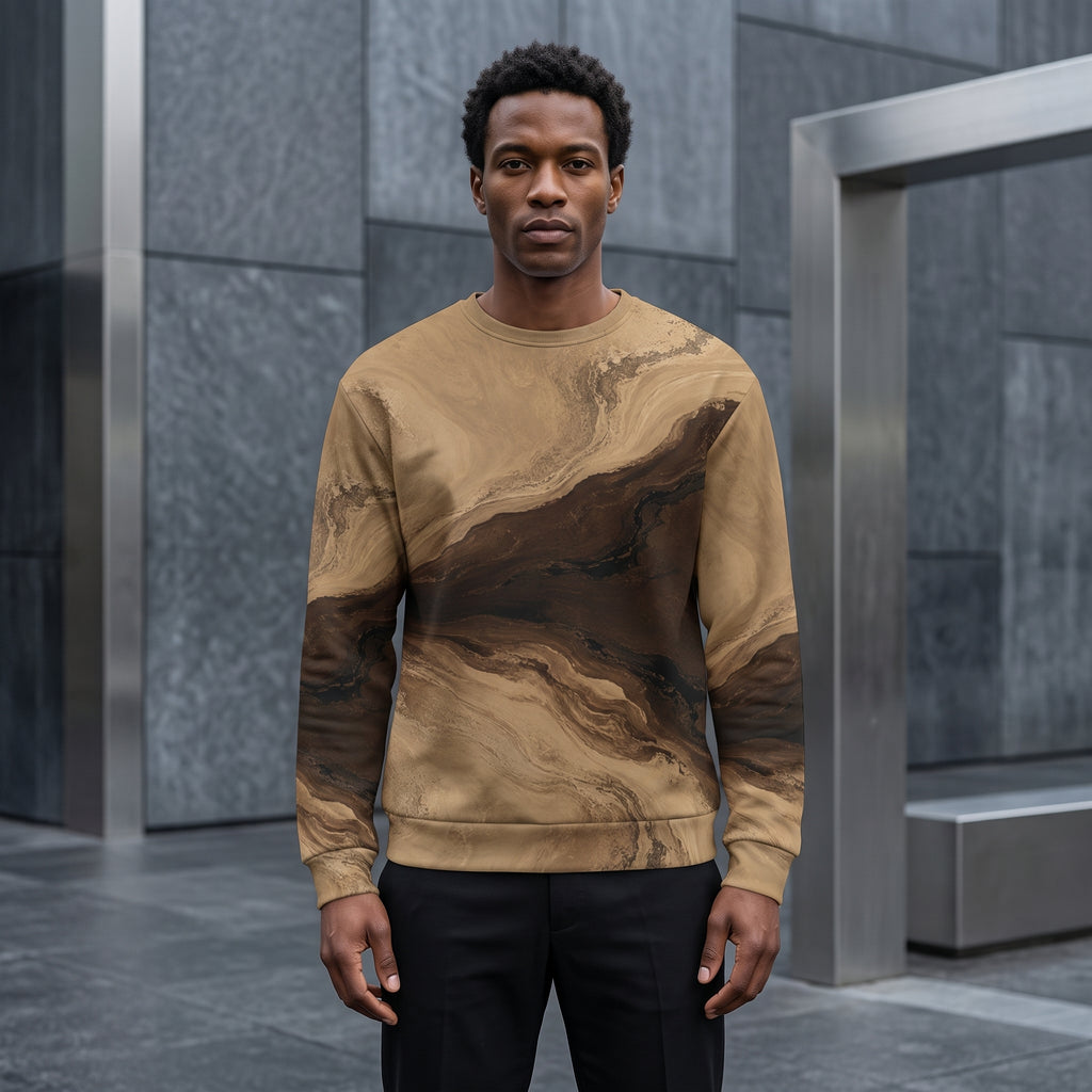 Model wearing the Terra Strata all-over print sweatshirt