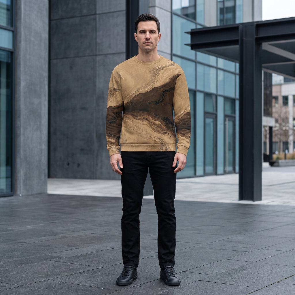 Model wearing the Terra Strata sweatshirt, beige and brown print