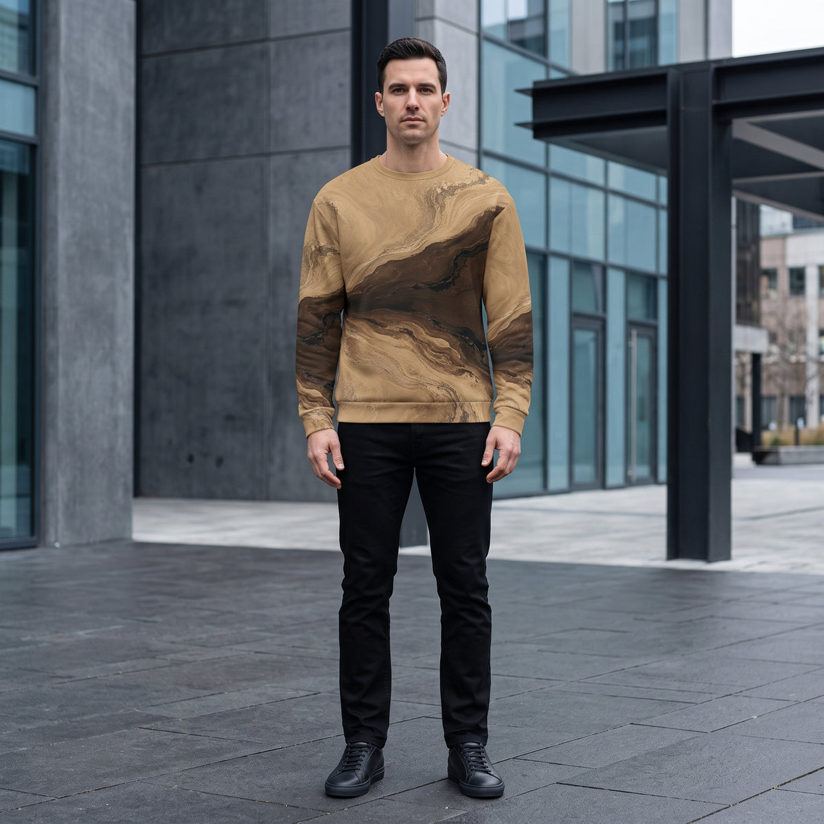Model wearing the Terra Strata sweatshirt, beige and brown print
