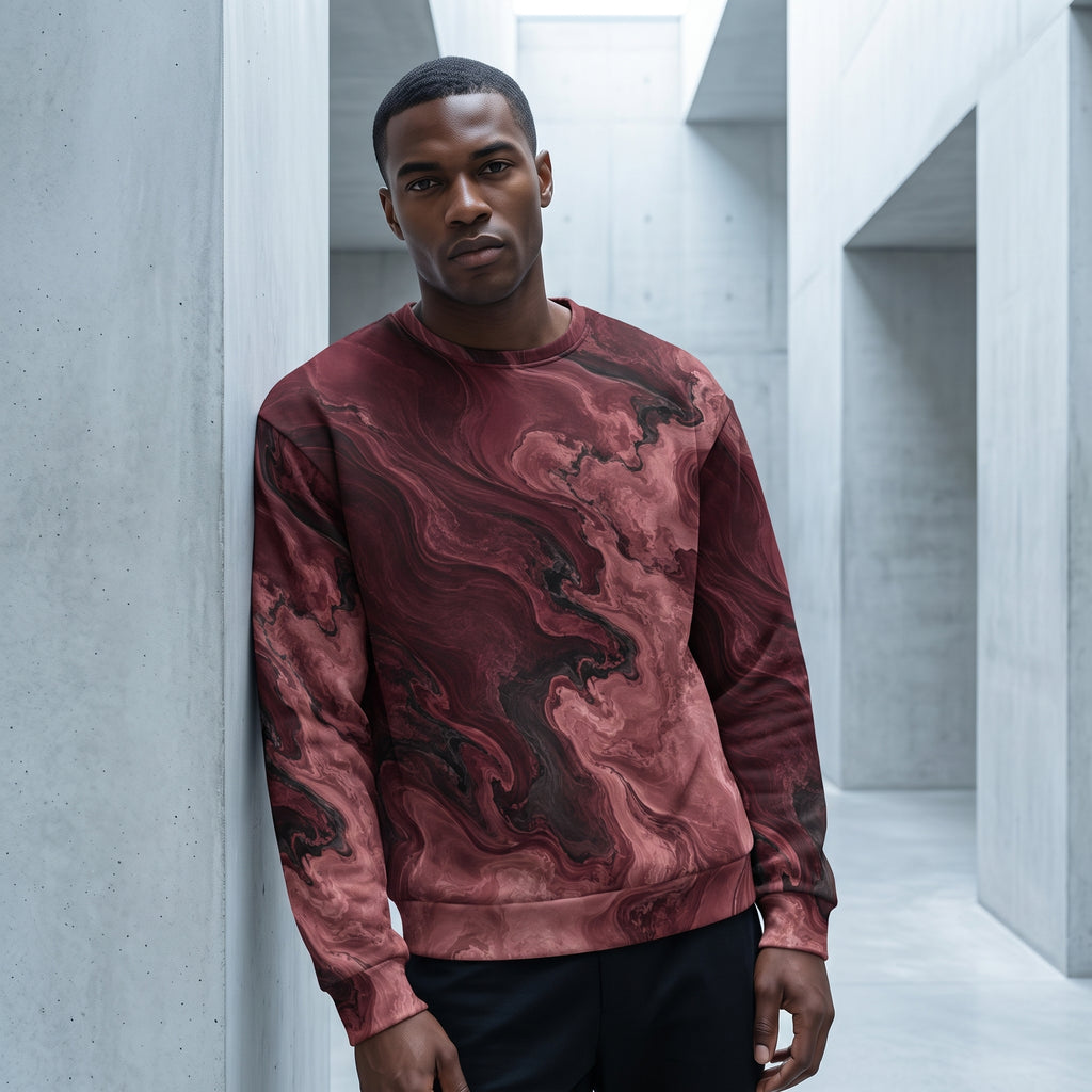 Model wearing the Burgundy Eclipse sweatshirt, burgundy print