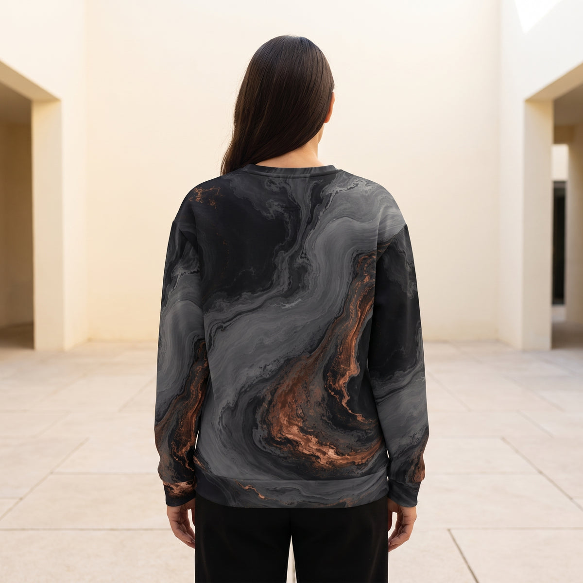 Model wearing the Molten Obsidian all-over print sweatshirt, back view