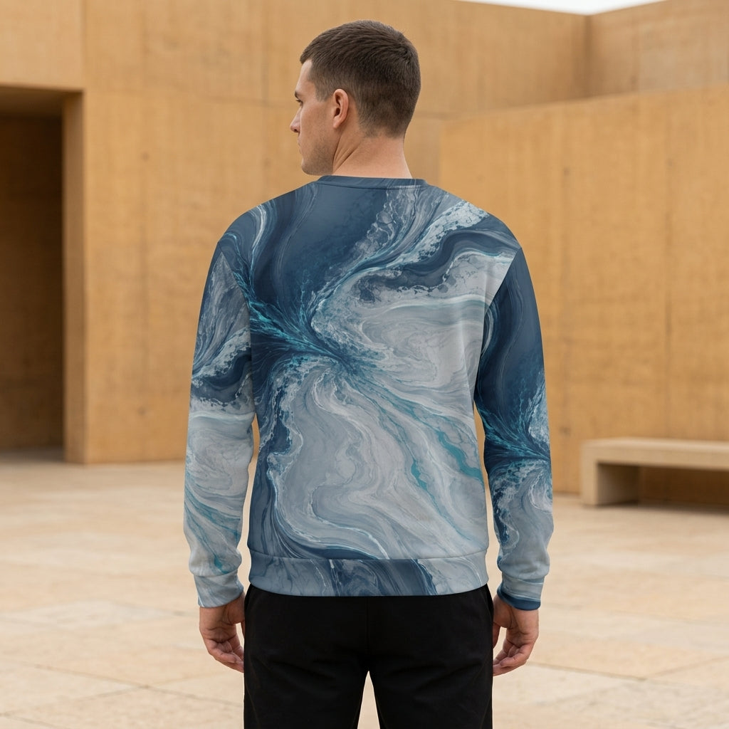 Model wearing the Tidal Convergence all-over print sweatshirt, back view