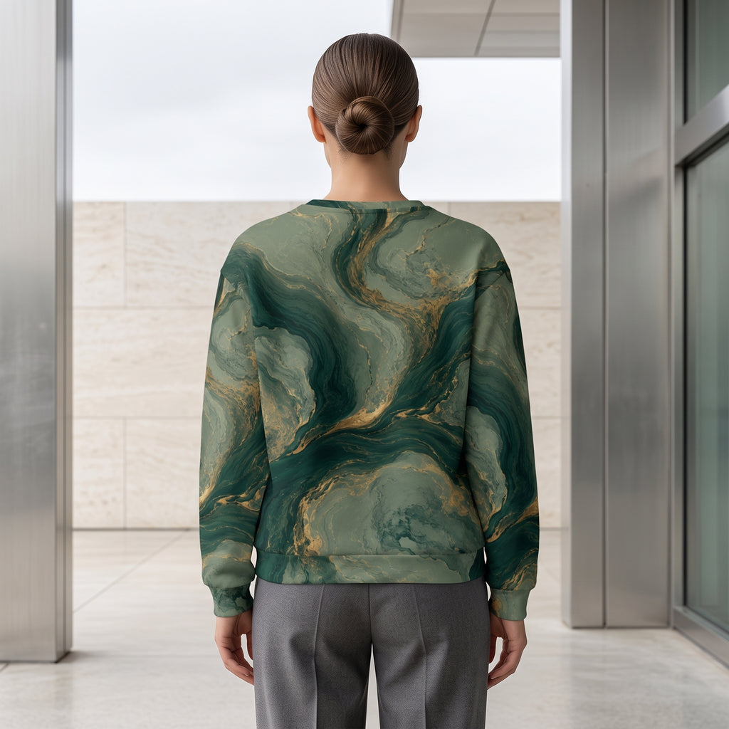 Model wearing the Emerald Current sweatshirt, back view – forest green, sage and gold marble print