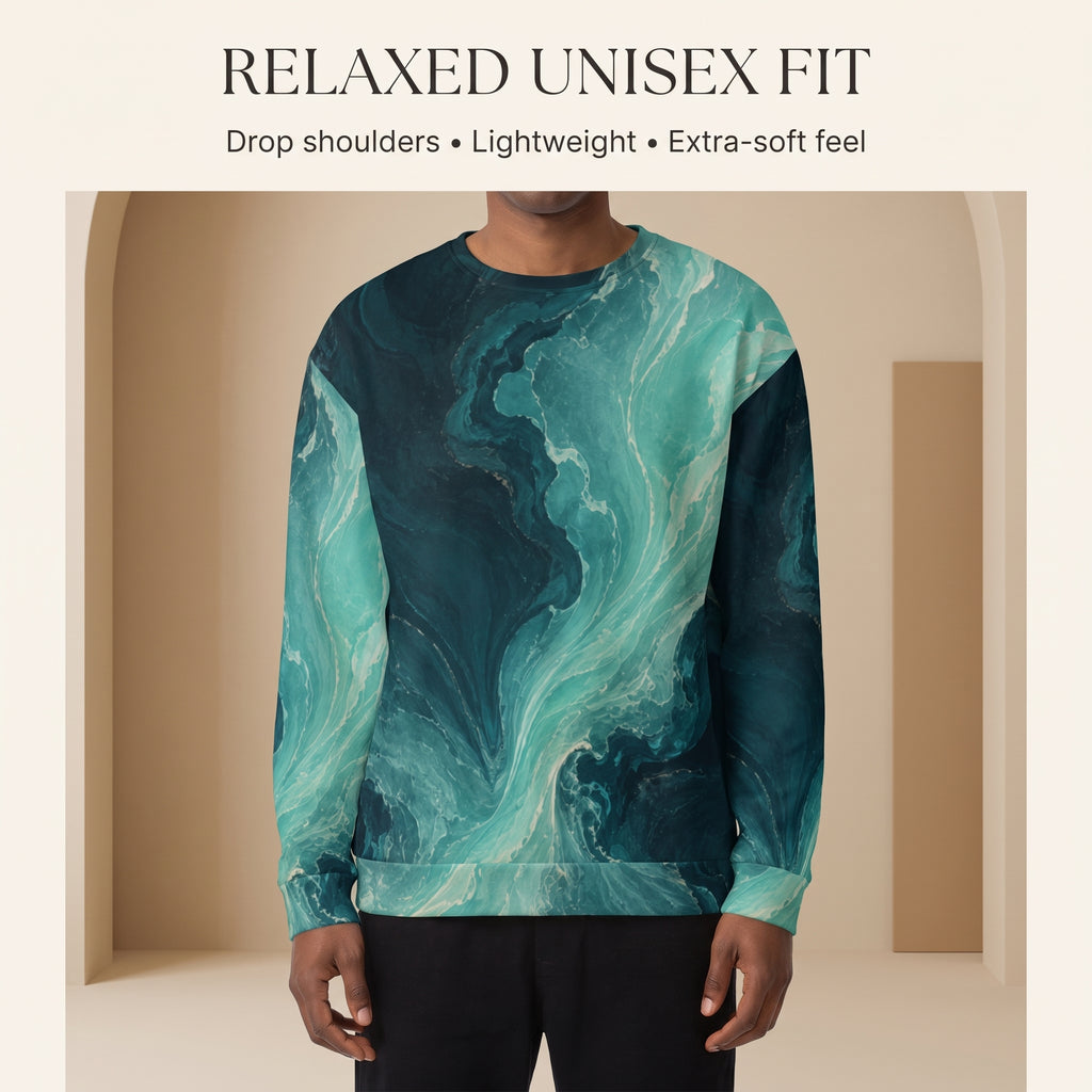 A person wearing a long-sleeve crewneck sweatshirt with a teal and dark blue marbled pattern, shown against a beige architectural background with text at the top reading 'RELAXED UNISEX FIT'.