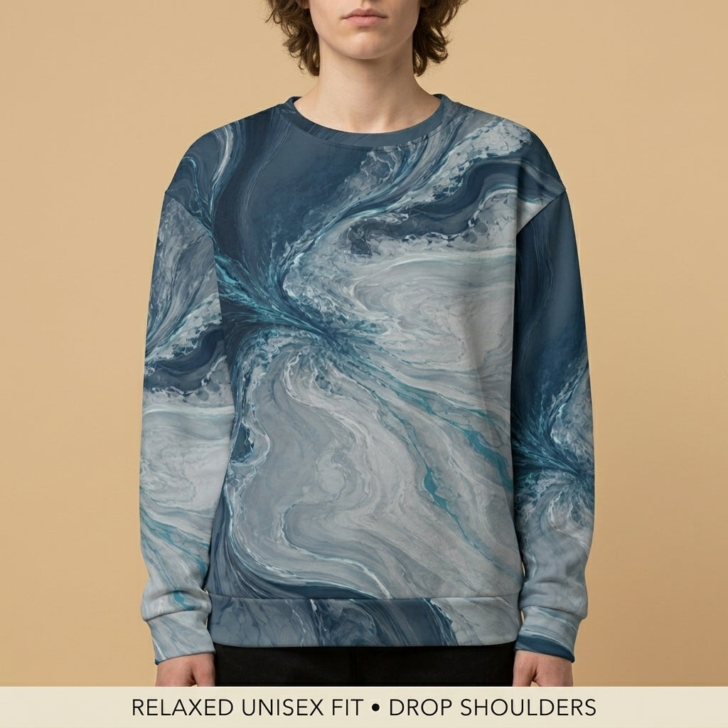 Model wearing the Tidal Convergence all-over print sweatshirt