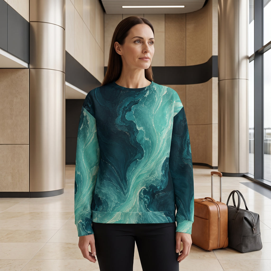 A woman stands in a modern indoor hallway wearing a long-sleeve crewneck sweatshirt with a teal and dark blue marble swirl pattern. She is wearing black pants, and two duffel bags are visible on the floor beside her.