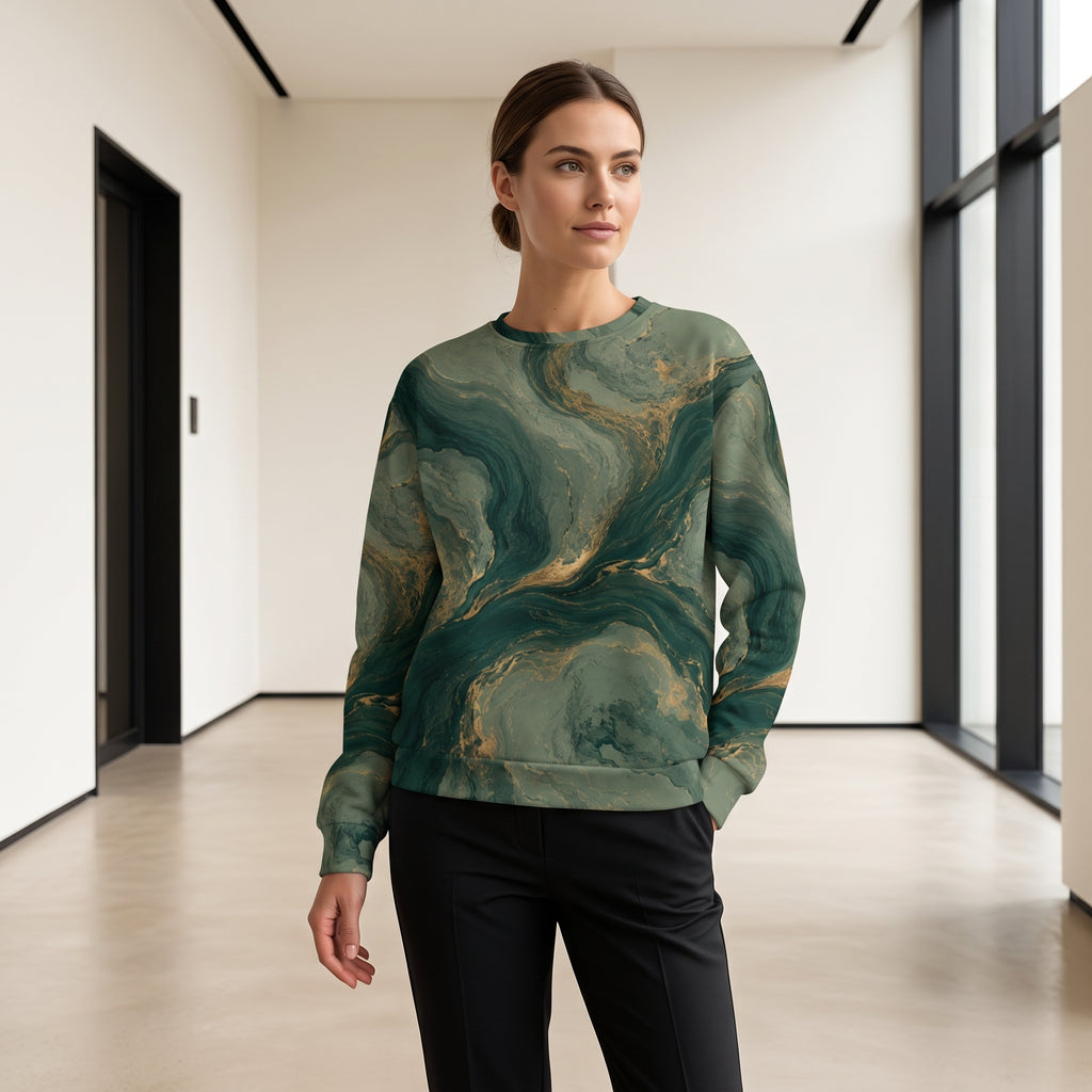 Model wearing the Emerald Current all-over print sweatshirt