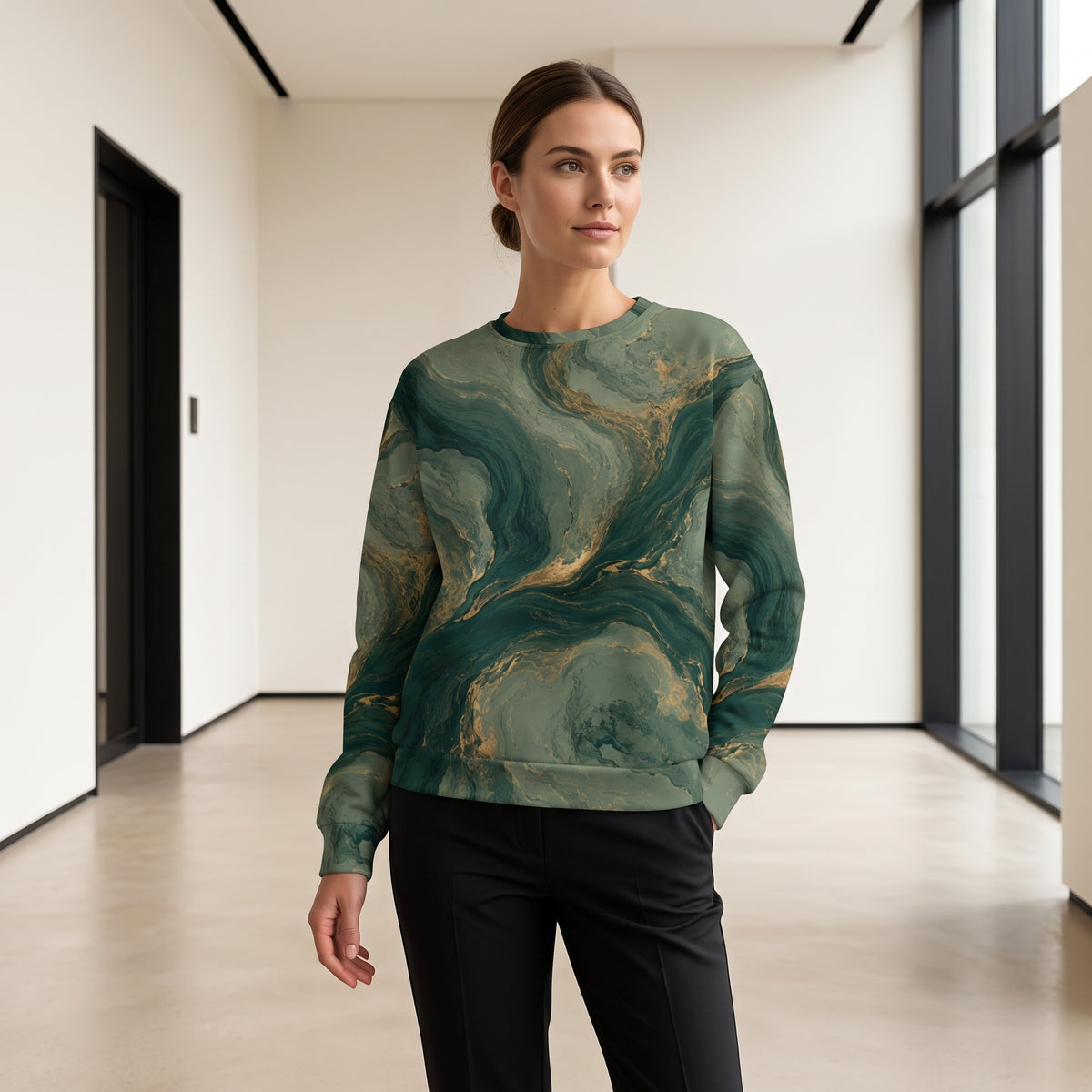 Model wearing the Emerald Current all-over print sweatshirt
