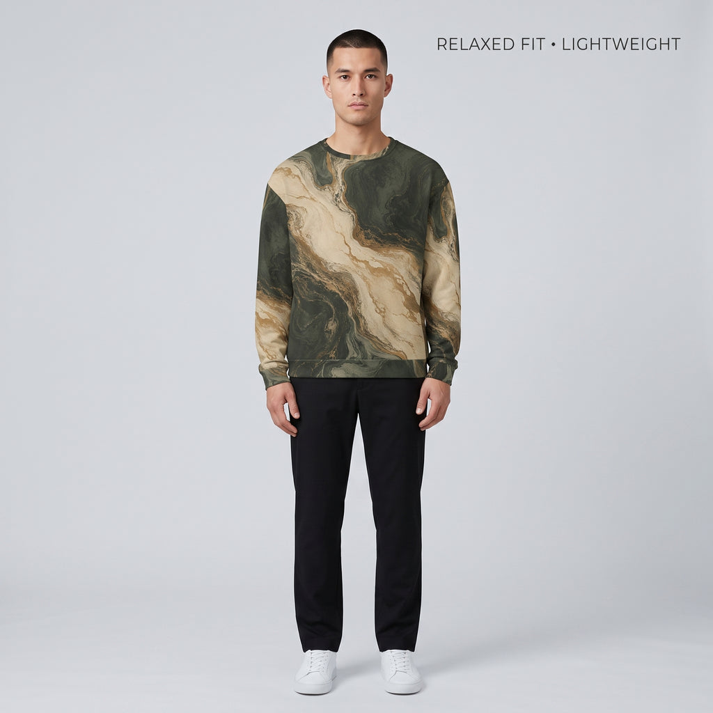 Model wearing the Verdant Strata sweatshirt in a studio – forest green, charcoal and beige marble print