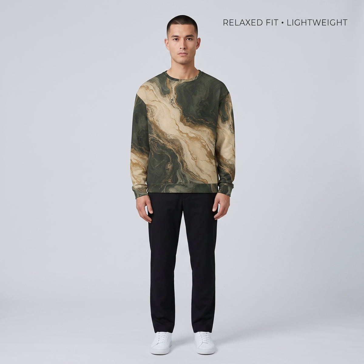 Model wearing the Verdant Strata sweatshirt in a studio – forest green, charcoal and beige marble print