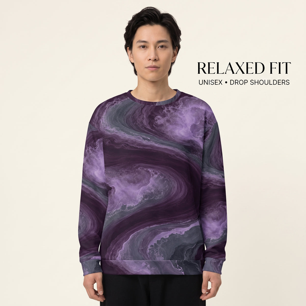 Model wearing the Amethyst Vortex sweatshirt in a studio, amethyst purple print