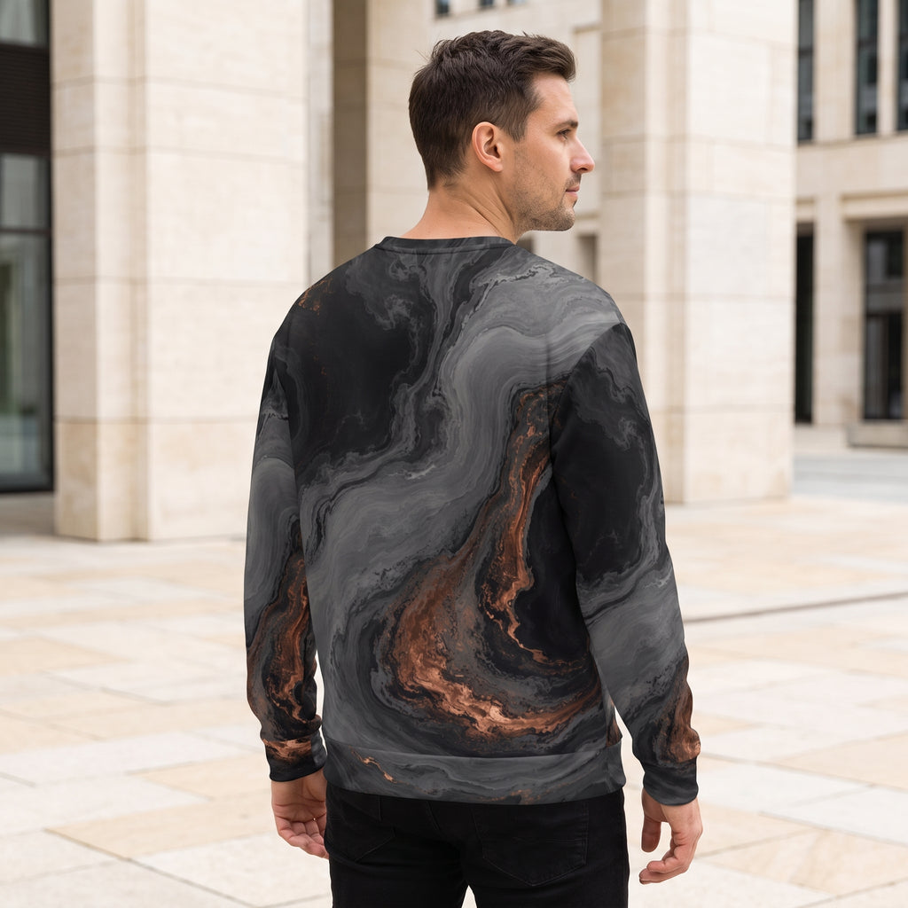 Model wearing the Molten Obsidian all-over print sweatshirt