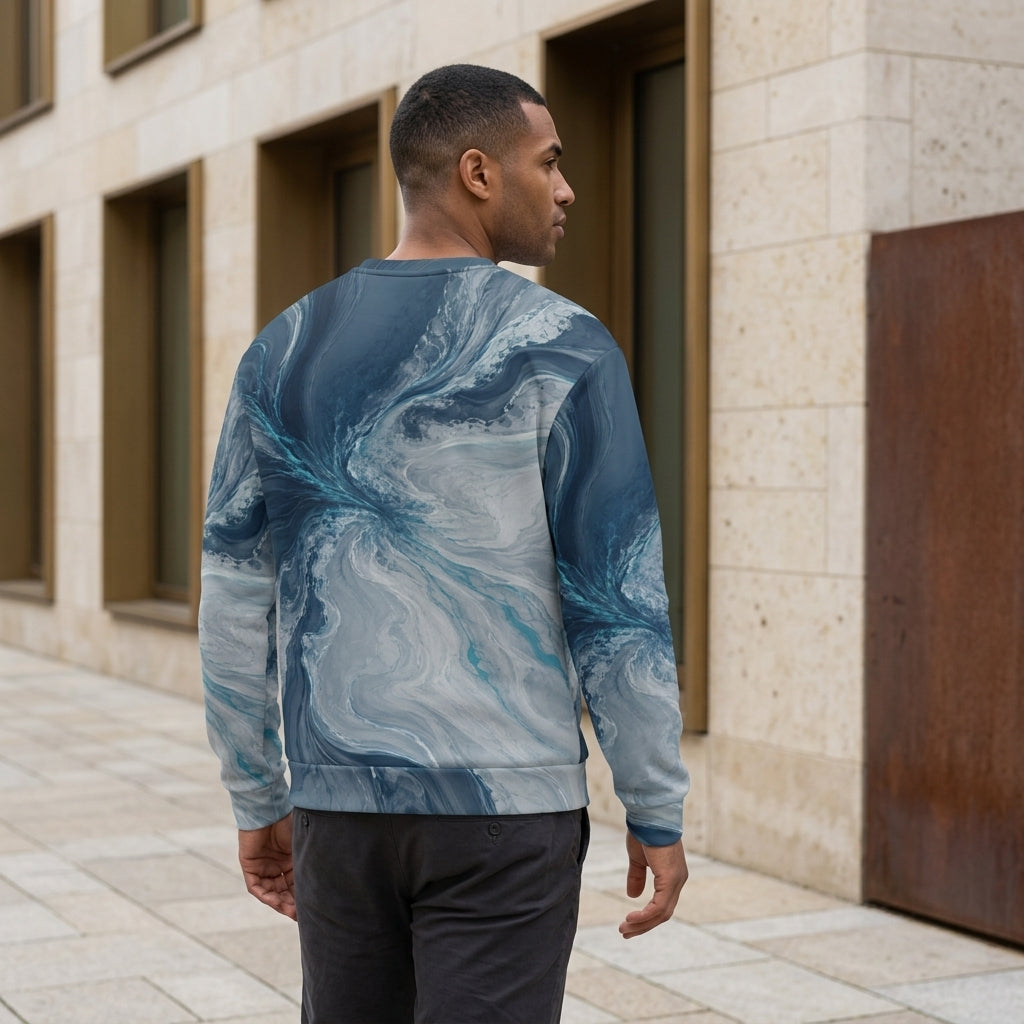 Model wearing the Tidal Convergence all-over print sweatshirt