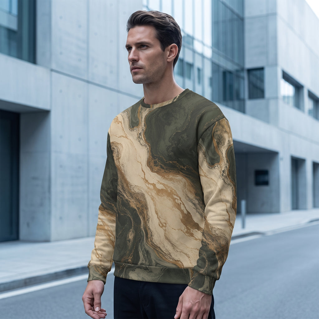 Model wearing the Verdant Strata sweatshirt on a city street – forest green, charcoal and beige marble print