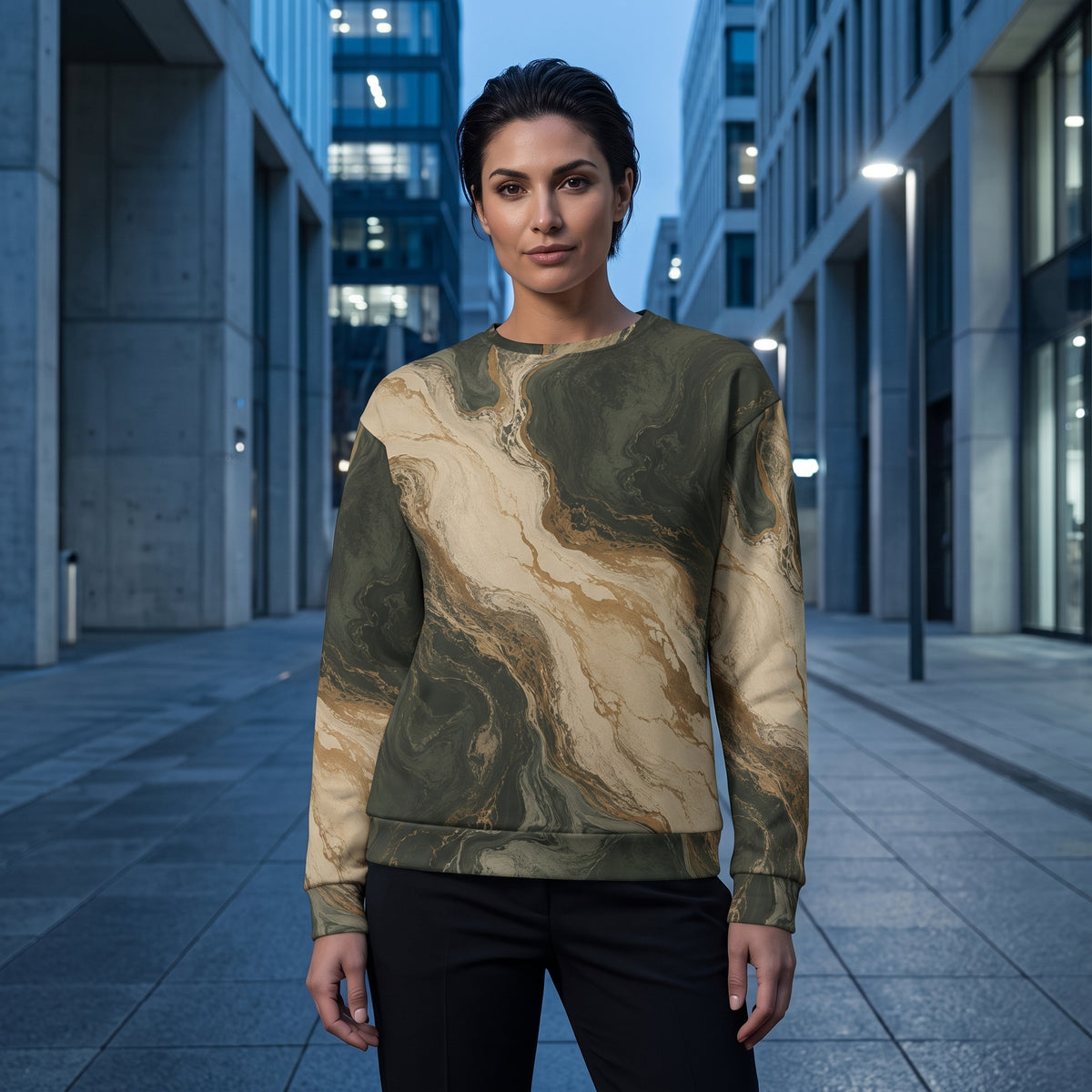 Model wearing the Verdant Strata sweatshirt on a city street – forest green, charcoal and beige marble print
