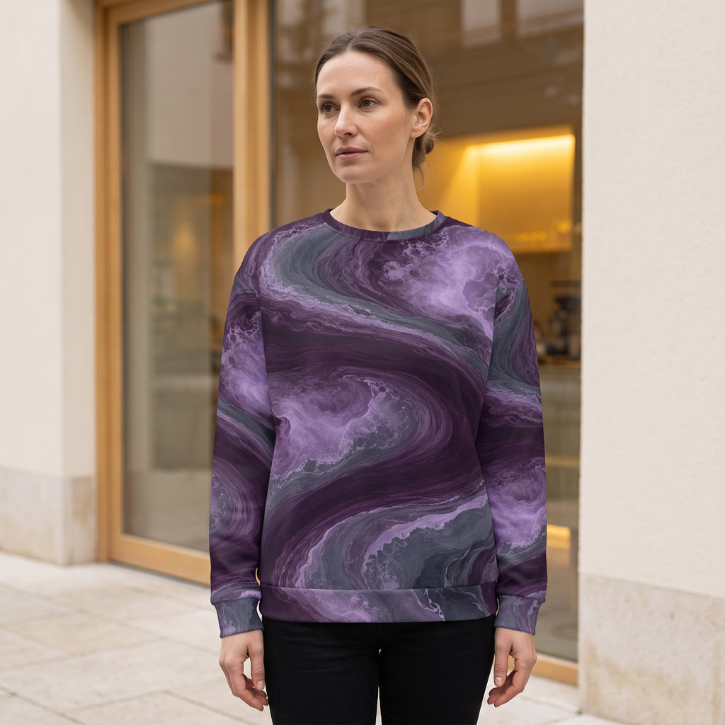 Model wearing the Amethyst Vortex all-over print sweatshirt