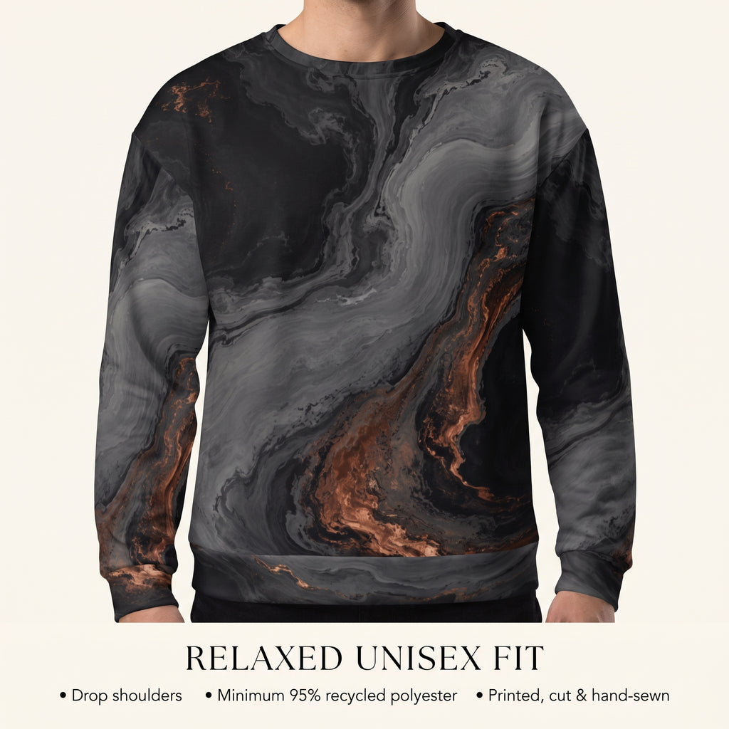 Model wearing the Molten Obsidian sweatshirt – charcoal black and copper marble print
