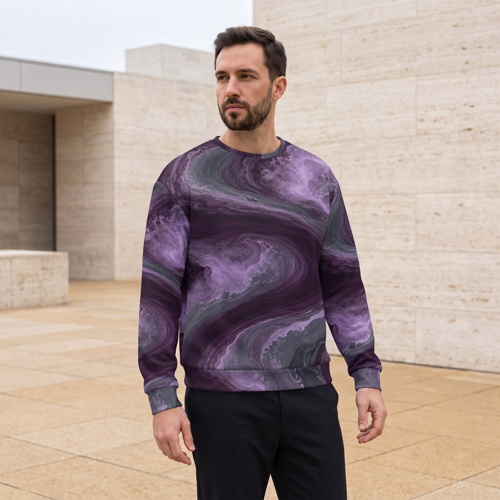 Model wearing the Amethyst Vortex sweatshirt – amethyst purple, charcoal and plum marble print