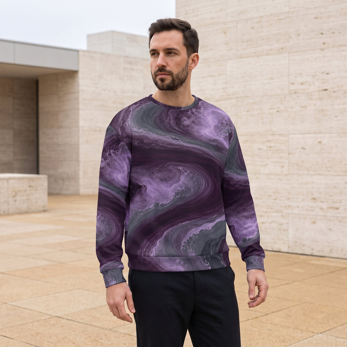 Model wearing the Amethyst Vortex sweatshirt – amethyst purple, charcoal and plum marble print