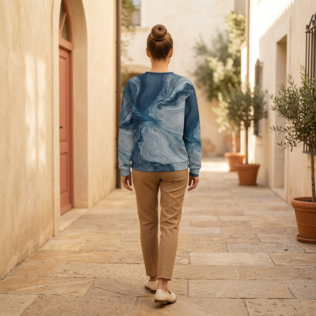 Model walking in the Tidal Convergence sweatshirt, navy and turquoise print