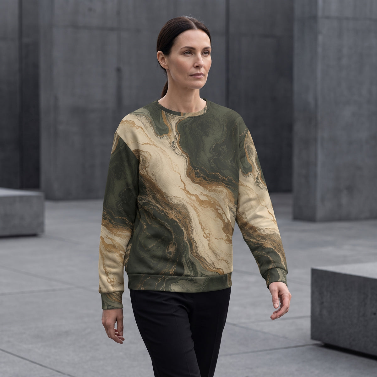 Model walking in the Verdant Strata all-over print sweatshirt