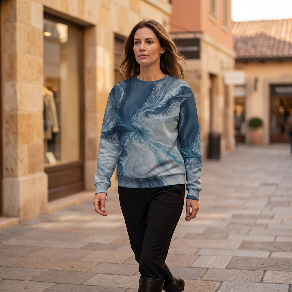 Model walking in the Tidal Convergence sweatshirt, navy and turquoise print