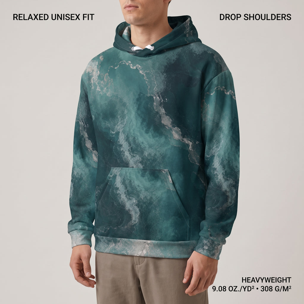 Model wearing the Abyssal Current unisex hoodie