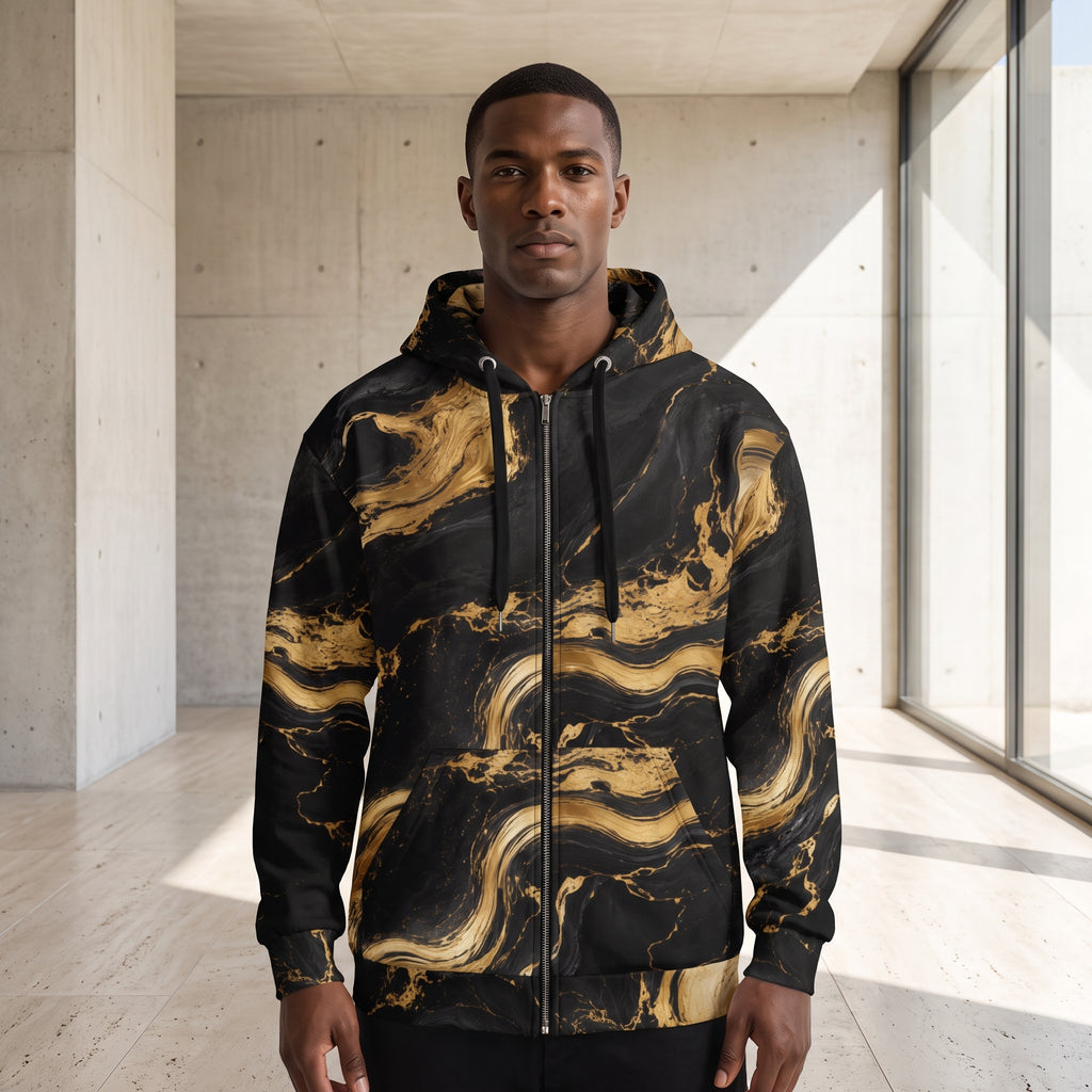 Model wearing the Golden Oro zip hoodie, black and gold print