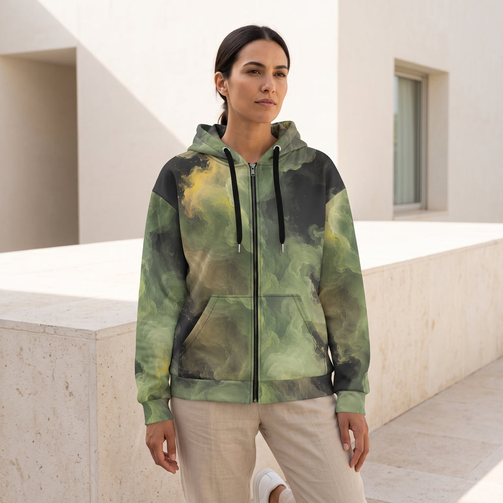 Model wearing the Verdant Shadow zip hoodie – olive green, charcoal and moss abstract camo print