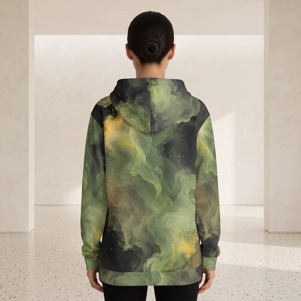 Model wearing the Verdant Shadow zip hoodie, olive and charcoal print