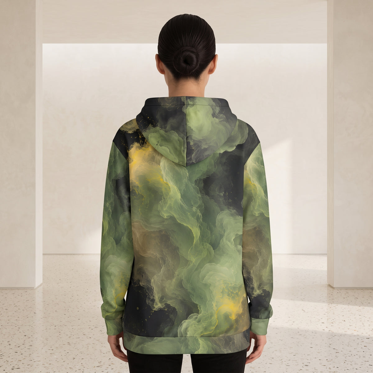 Model wearing the Verdant Shadow zip hoodie, olive and charcoal print