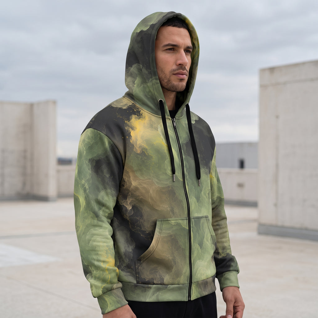 Model wearing the Verdant Shadow zip hoodie – olive green, charcoal and moss abstract camo print