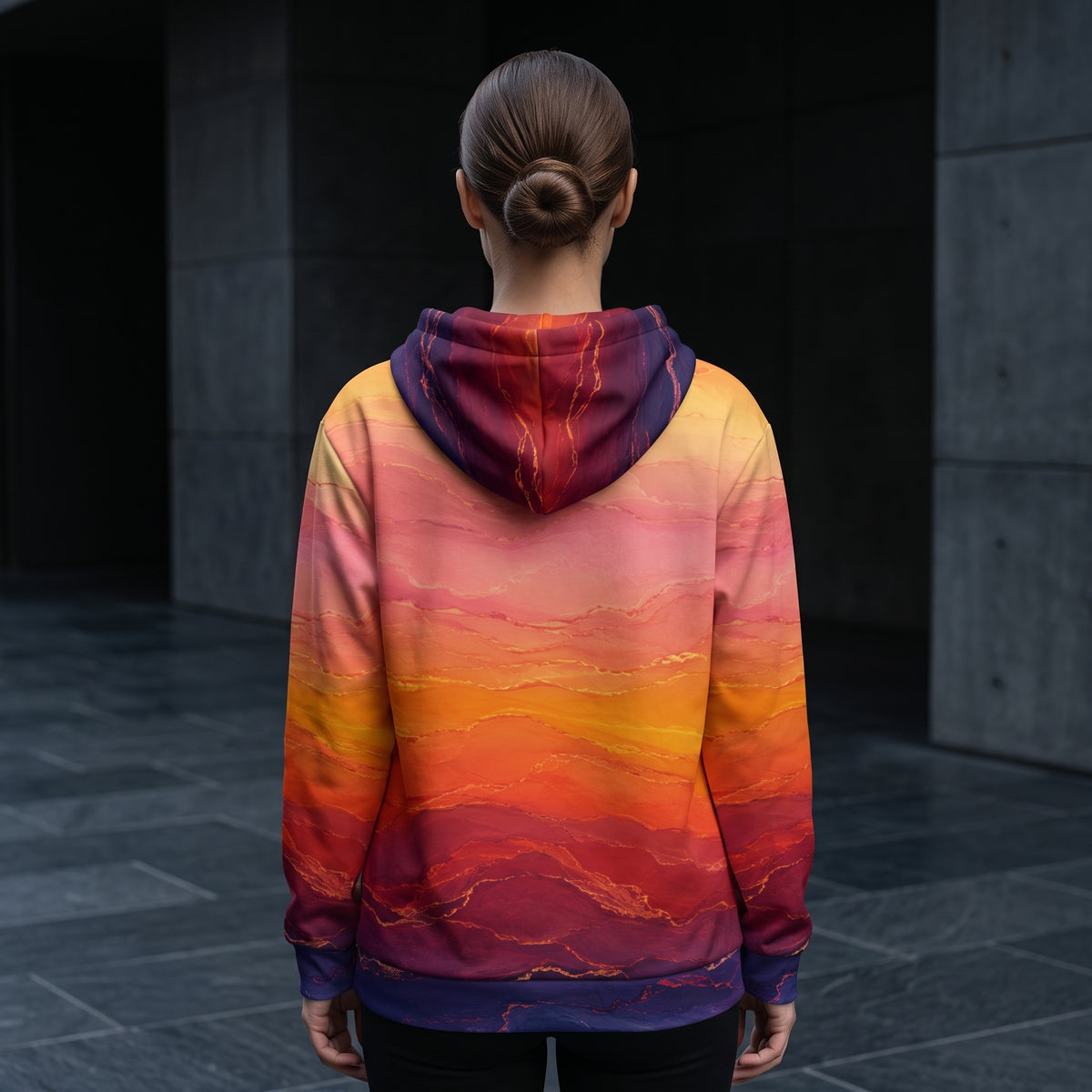 Model wearing the Solar Horizon all-over print zip hoodie