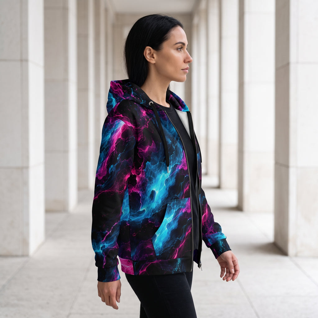 Model wearing the Neon Vortex zip hoodie – cyan, magenta and black nebula print