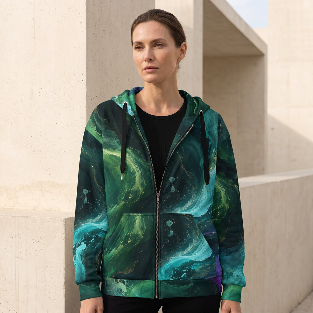 Model wearing the Emerald Tides zip hoodie – emerald, turquoise and midnight blue abstract print