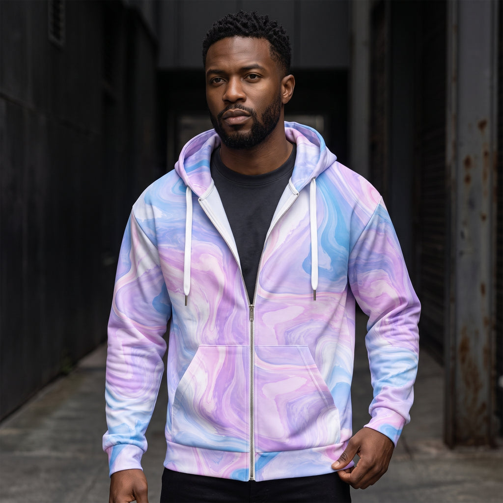Model wearing the Pastel Mirage all-over print zip hoodie