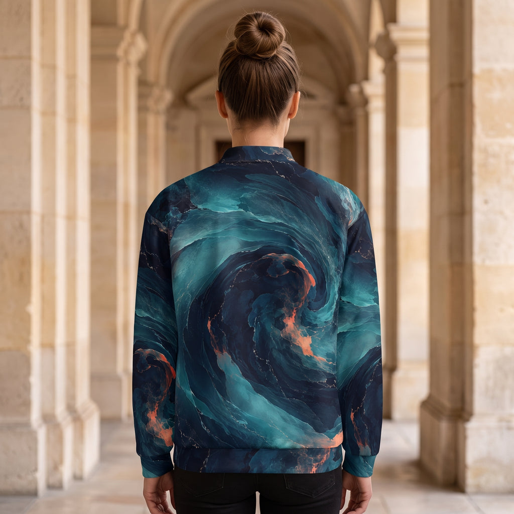 Model wearing the Neon Nebula all-over print bomber jacket zipped up