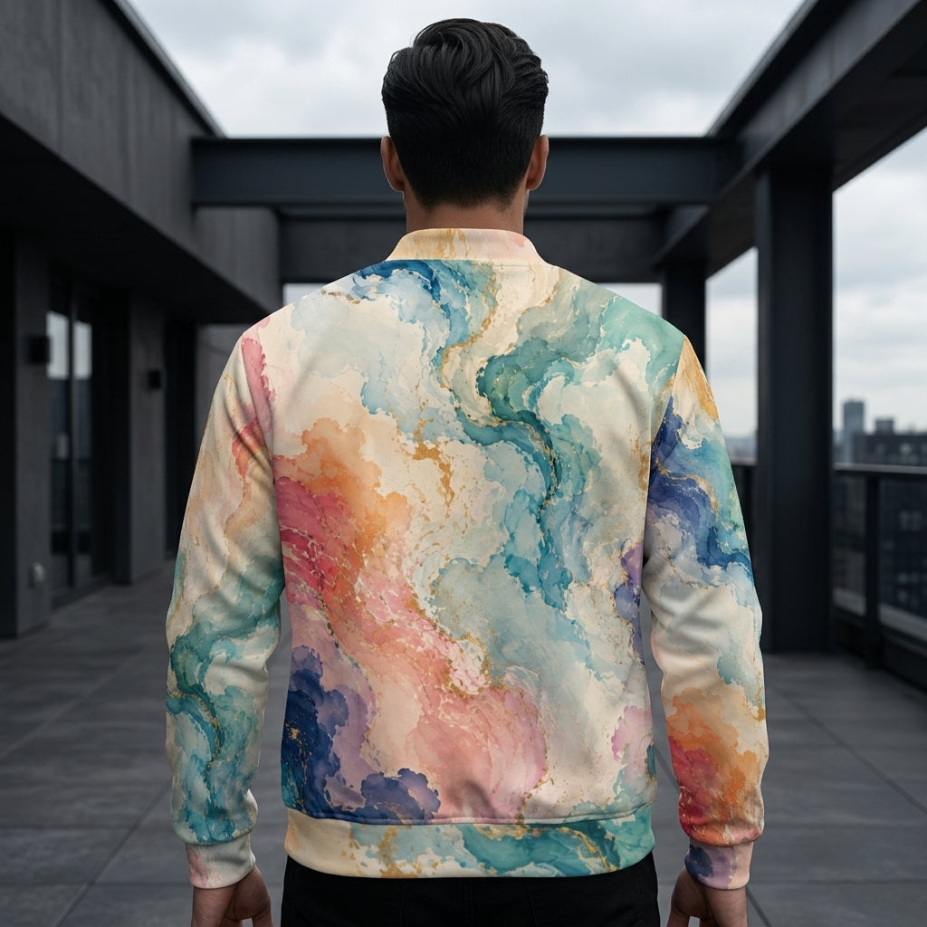 Model wearing the Ethereal Drift bomber jacket zipped up, blue and pink print