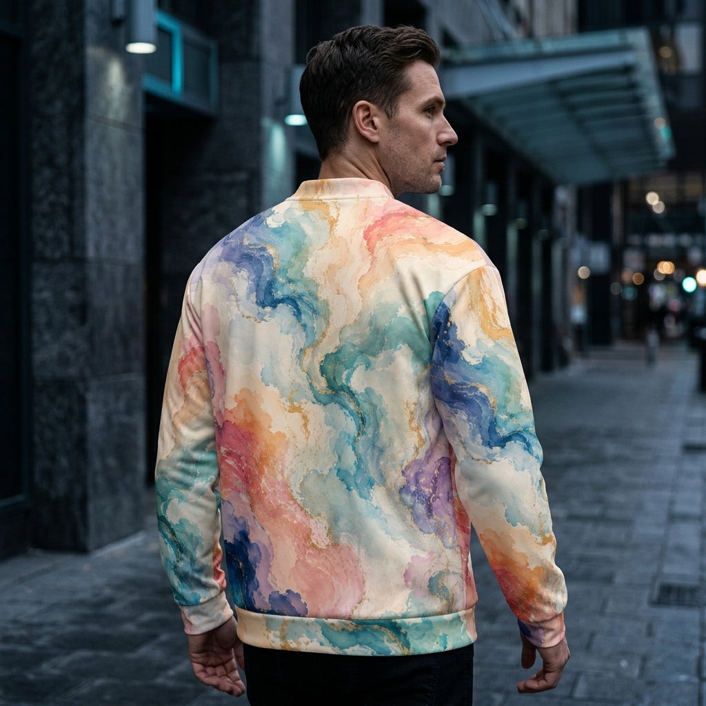 Model wearing the Ethereal Drift all-over print bomber jacket zipped up