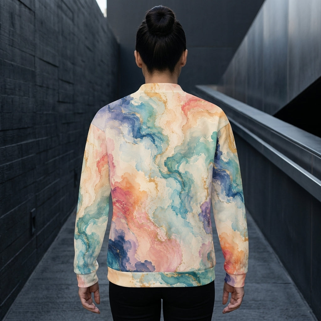 Model wearing the Ethereal Drift bomber jacket zipped up – ocean blue, blush pink and lavender watercolour print